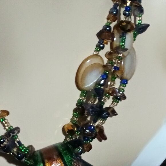 Boho Multistrand Beaded Art Glass Pendant Necklace Statement - Picture 6 of 11